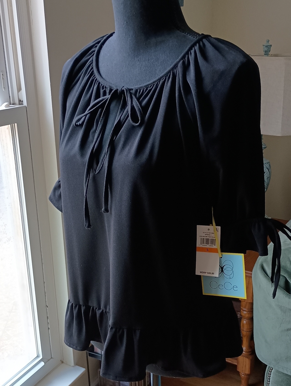 CeCe Black Ruffle-Hem Tie-Neck Blouse